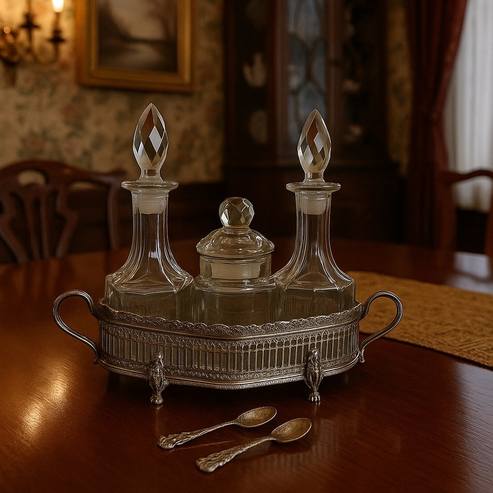 Vintage Silver Glass Cruet Set with Spoons